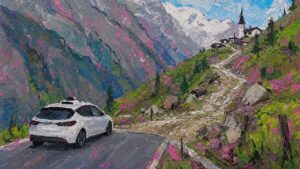 Painting of a driverless car stopped where a smooth mountain road turns into a rough track, illustrating AI pilot to production