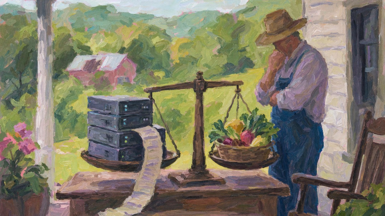 Painting of a farmer weighing a stack of servers and a long bill against a basket of harvest, illustrating AI spend metrics