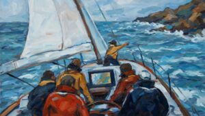 Painting of a sailing crew staring at a screen while one sailor points at the rocks ahead, illustrating human oversight of AI