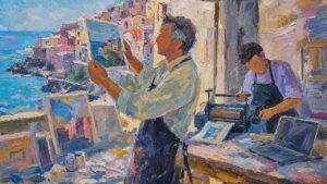 Painting of a master craftsman judging a finished piece while an apprentice churns out copies, illustrating AI literacy training