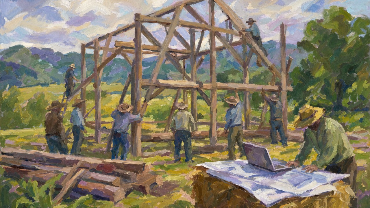 Painting of builders raising a barn frame from blueprints with a laptop on a hay bale, illustrating agentic software development