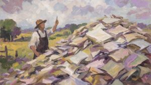Painting of a farmer searching a haystack of paper for needles, holding up the one he found, illustrating AI context management