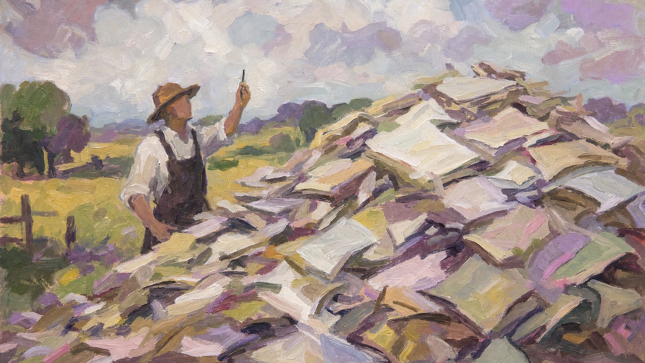 Painting of a farmer searching a haystack of paper for needles, holding up the one he found, illustrating AI context management