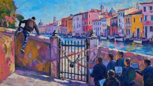 Painting of defenders with laptops stuck behind a chained gate while a thief climbs the wall beside it, illustrating AI incident response