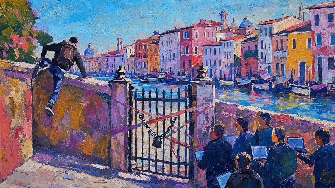 Painting of defenders with laptops stuck behind a chained gate while a thief climbs the wall beside it, illustrating AI incident response