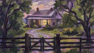 Painting of a farmhouse with its fence and gate intact and a small drone already inside the lit window, illustrating zero trust for AI