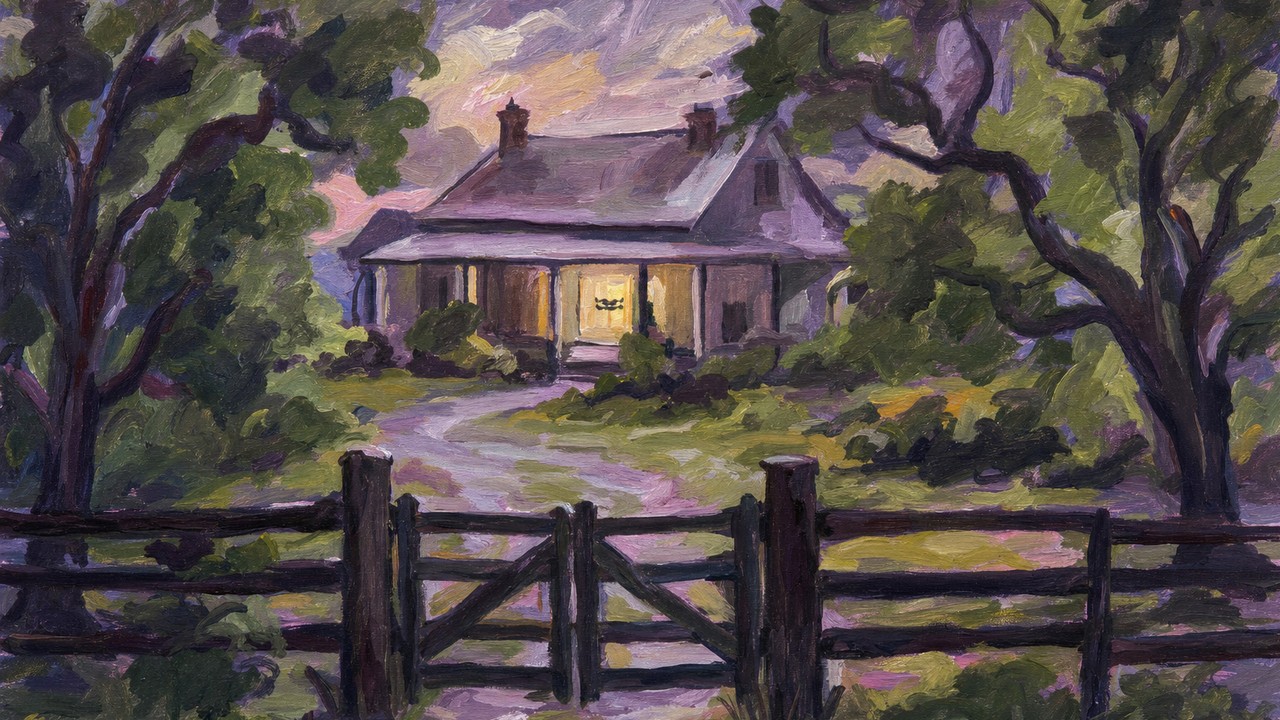 Painting of a farmhouse with its fence and gate intact and a small drone already inside the lit window, illustrating zero trust for AI