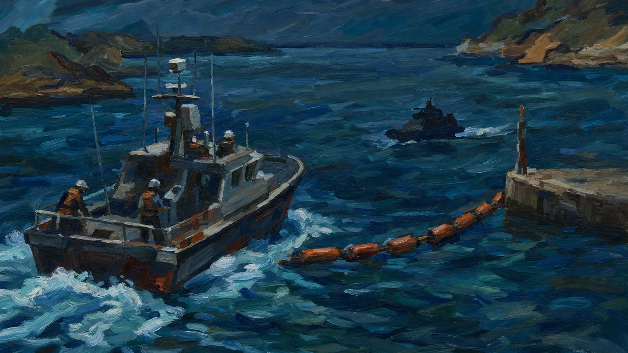 Painting of a patrol boat swinging a harbor barrier shut as a dark drone boat slips toward the gap, illustrating AI threat detection
