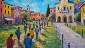 Painting of an empty official path while a crowd with laptops walks a worn shortcut across the grass, illustrating shadow AI policy