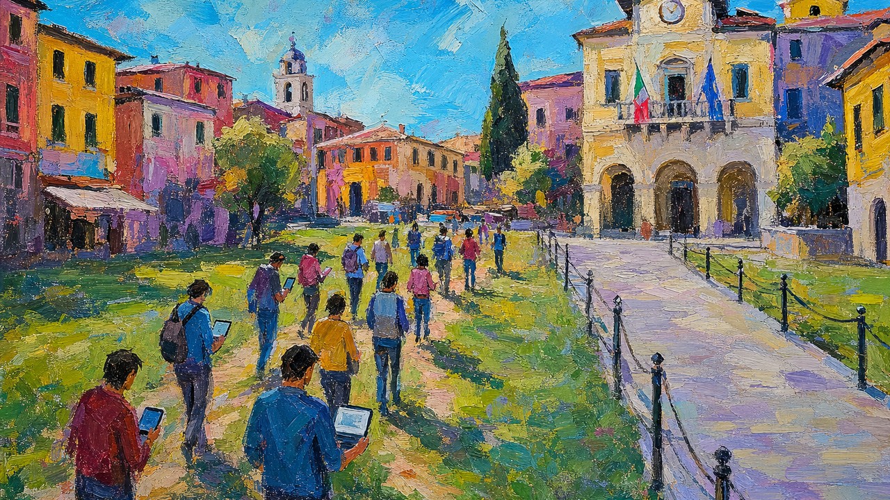 Painting of an empty official path while a crowd with laptops walks a worn shortcut across the grass, illustrating shadow AI policy