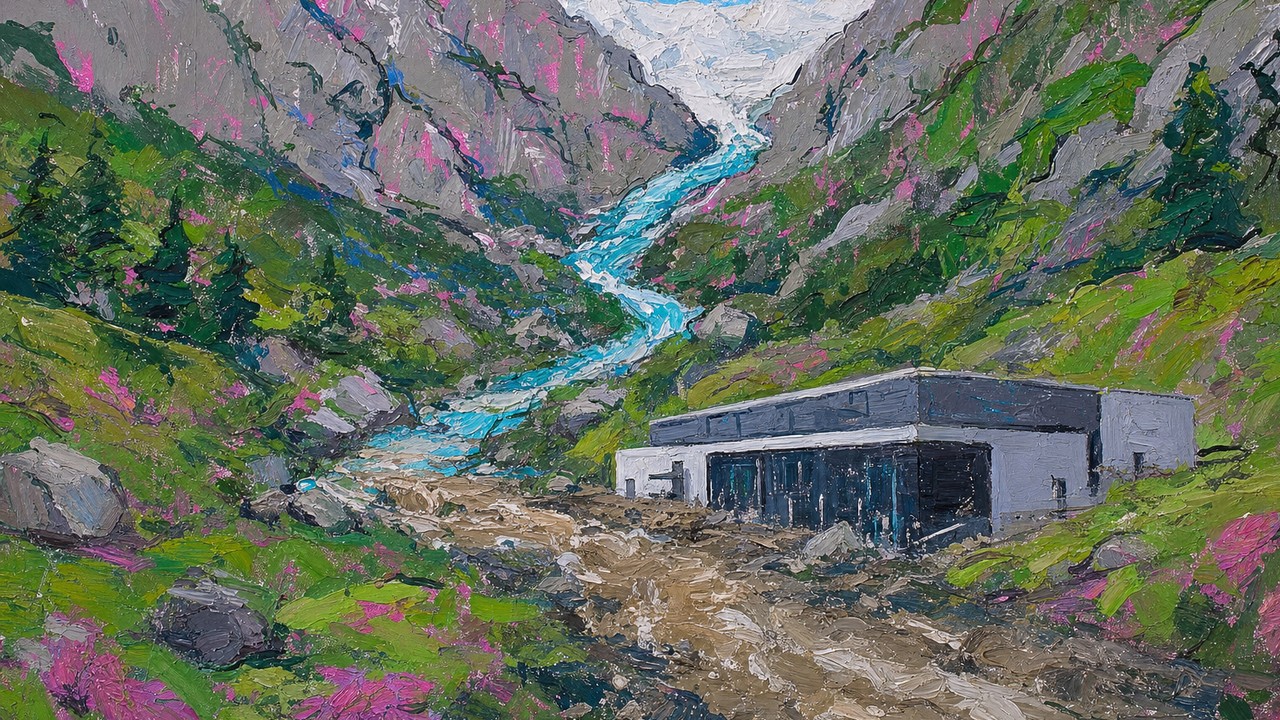 Painting of a clear mountain stream turning muddy where it feeds a new data center, illustrating AI data readiness