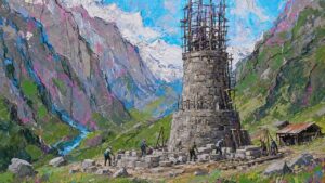 Painting of a stone tower built up from its base with the top still only scaffolding, illustrating AI readiness assessment