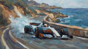 Painting of a Formula One car braking hard into a cliffside corner above the sea, illustrating risk-based AI regulation