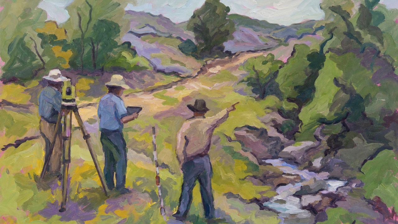 Painting of surveyors staking out a road while a farmer points out the creek they missed, illustrating AI proof of concept