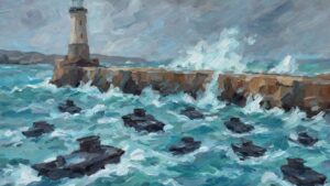 Painting of a swarm of small drone boats breaking against an old harbor wall and lighthouse, illustrating AI malware defense