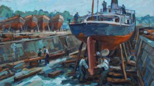 Painting of a ship in dry dock getting its rudder fitted, half-built hulls abandoned behind it, illustrating AI governance framework