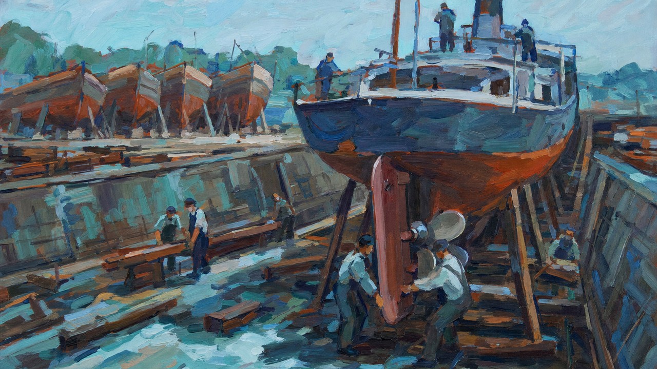 Painting of a ship in dry dock getting its rudder fitted, half-built hulls abandoned behind it, illustrating AI governance framework