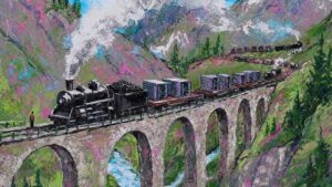 Painting of a steam train on a stone viaduct hauling coal and servers, more trains behind it, illustrating AI efficiency metrics