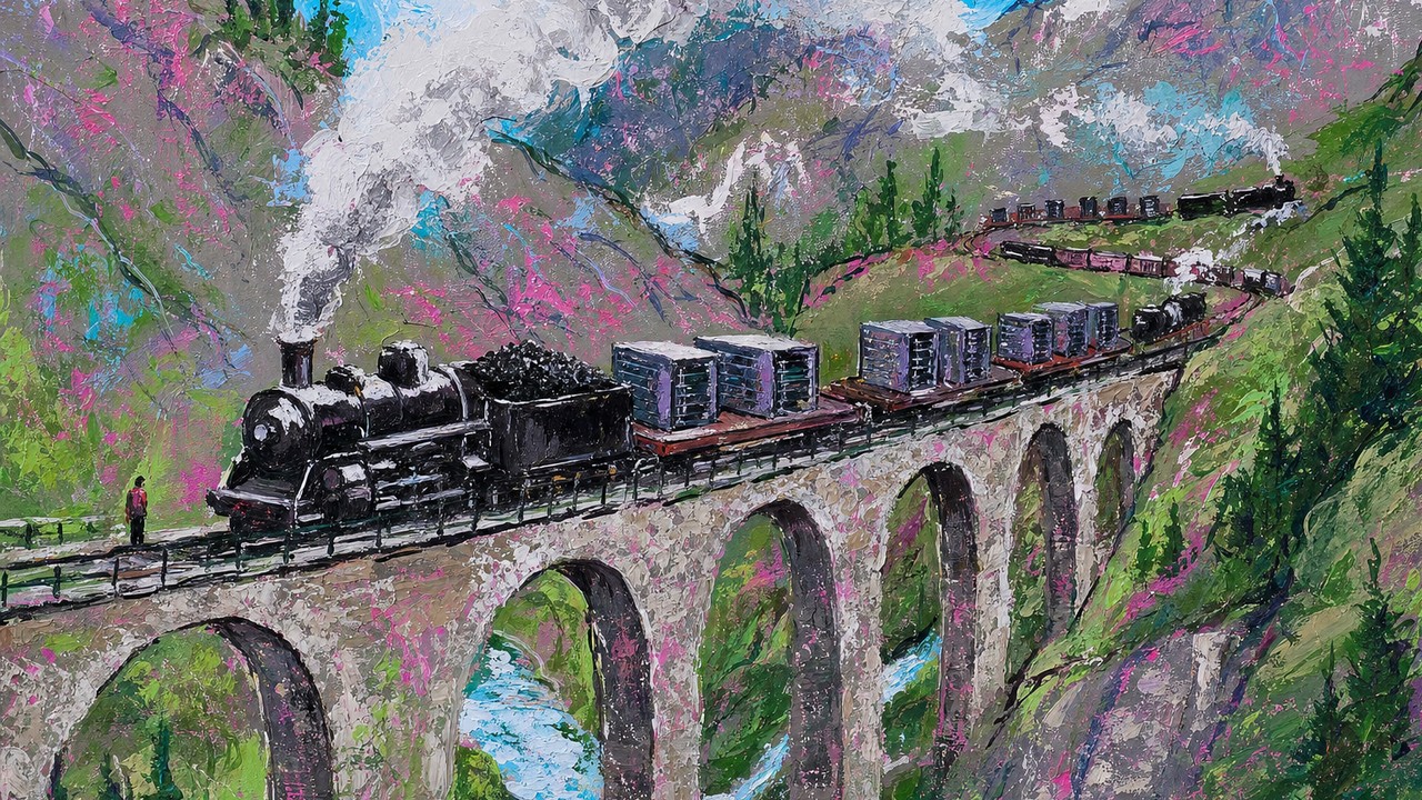 Painting of a steam train on a stone viaduct hauling coal and servers, more trains behind it, illustrating AI efficiency metrics