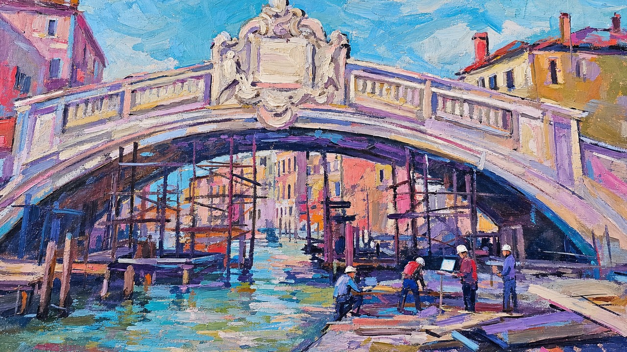 Painting of a grand Venice bridge with an ornate plaque, its supports still mostly scaffolding, illustrating responsible AI principles