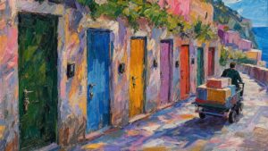 Painting of a row of colorful doors with keys left in the locks as a cart rolls by unchecked, illustrating AI agent permissions