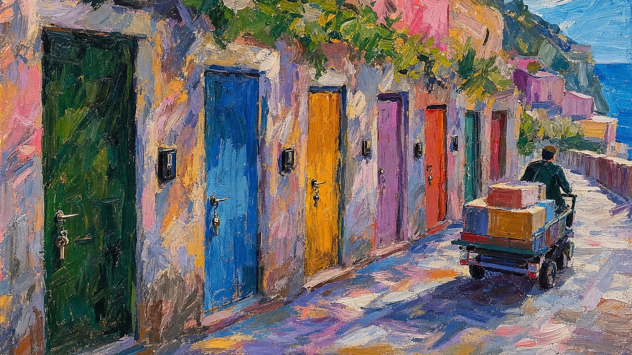 Painting of a row of colorful doors with keys left in the locks as a cart rolls by unchecked, illustrating AI agent permissions