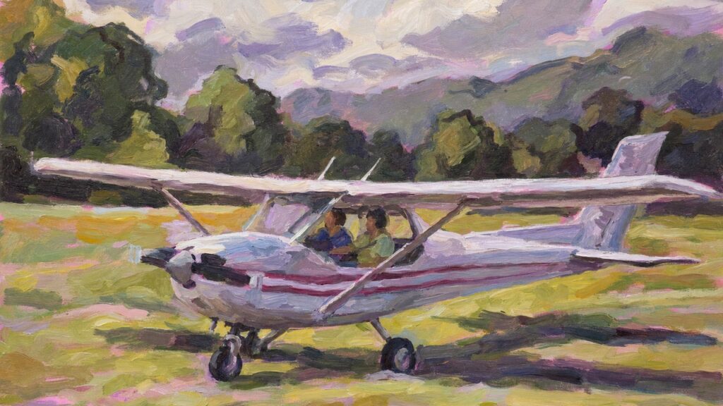Painting of a student pilot at the controls with the instructor's hand near the dual controls, illustrating AI agent trust
