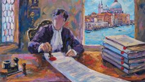 Painting of a notary pressing a wax seal onto a printed computer log, illustrating AI audit trail