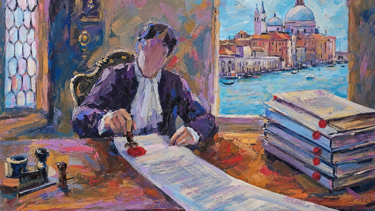 Painting of a notary pressing a wax seal onto a printed computer log, illustrating AI audit trail
