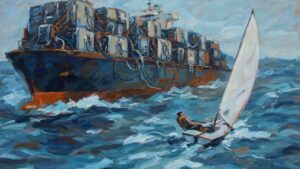 Painting of a small one-sail dinghy cutting past a container ship stacked with servers, illustrating AI agent architecture